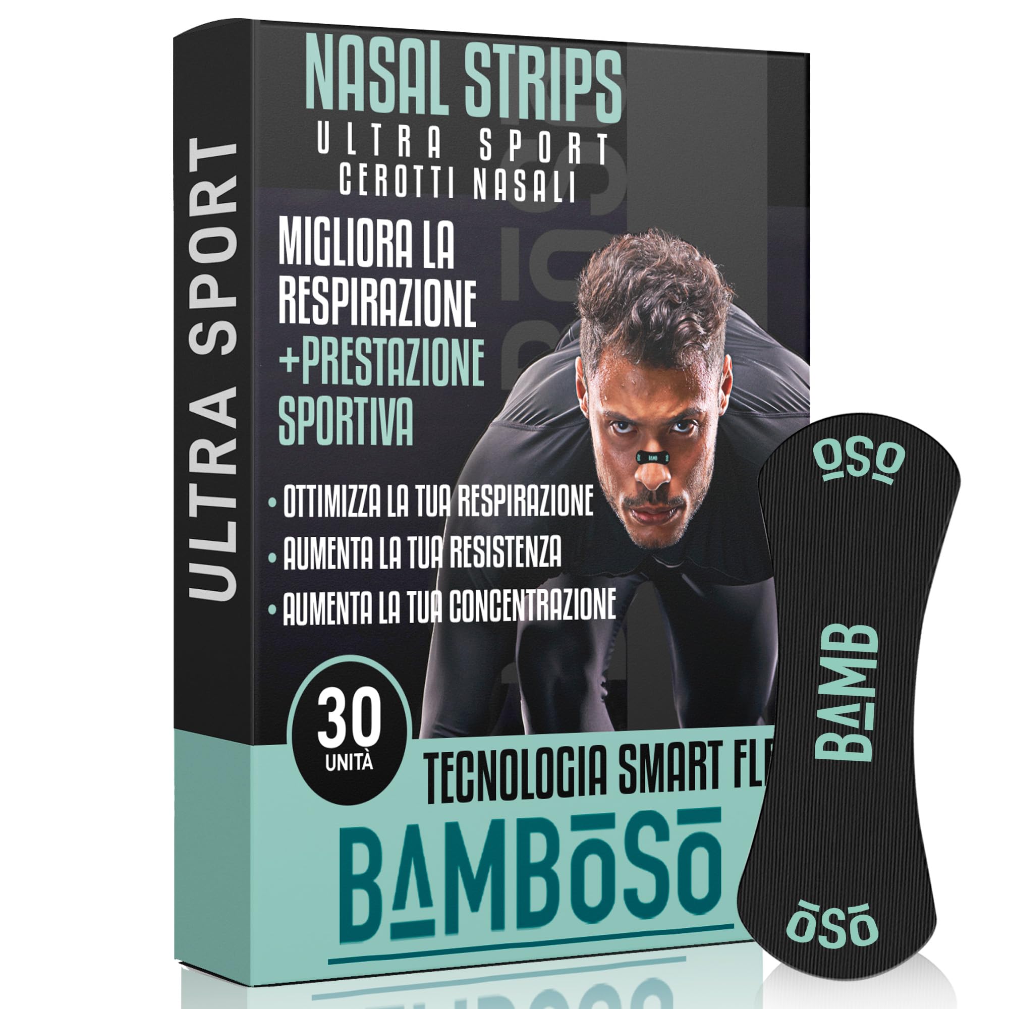Bamboso 30 Strisce Nasale Sportive Nere | Migliora la respirazione durante lo sport | Allevia la congestione e aumenta le prestazioni fisiche | Ipoallergeniche e comode