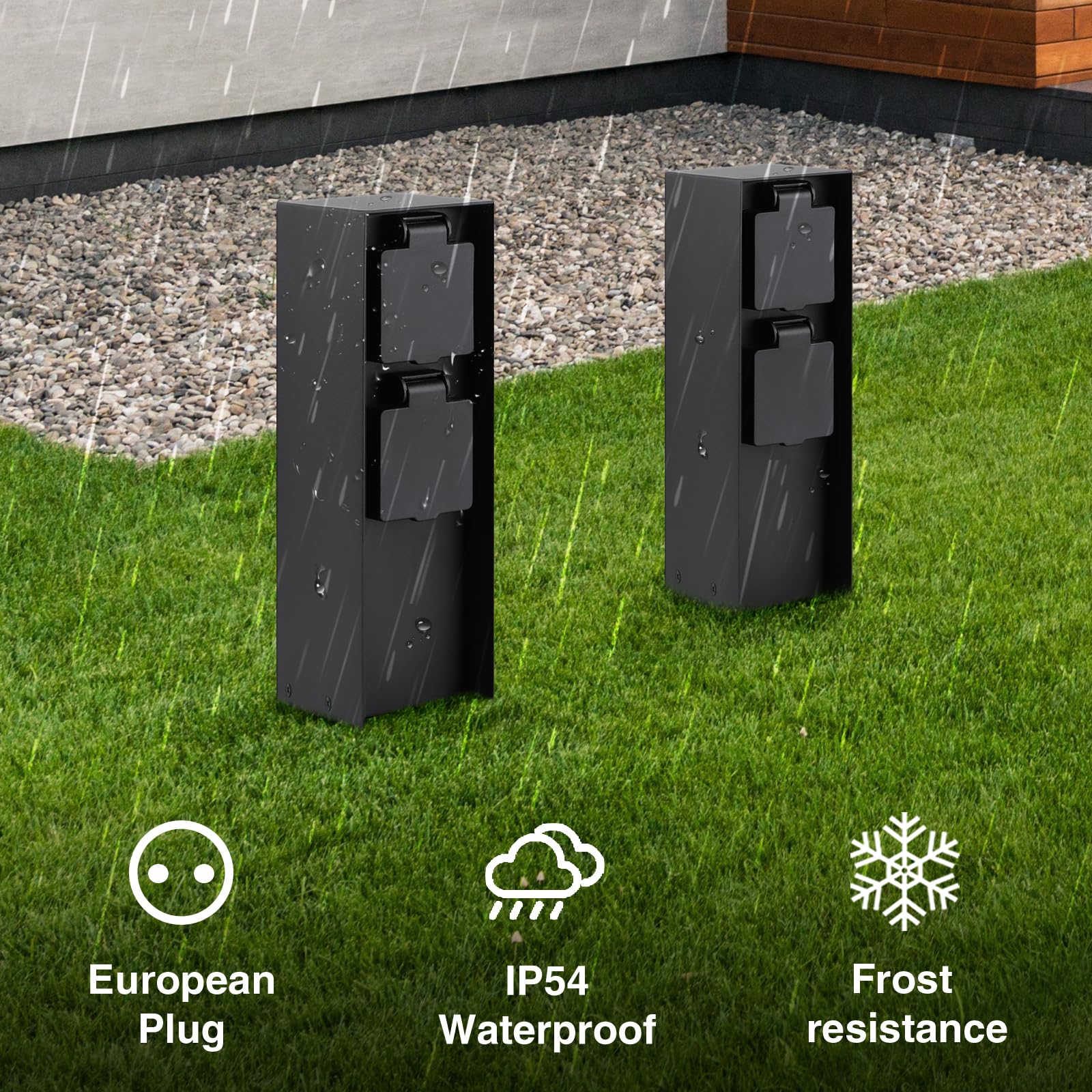 Colonna da giardino con 2 prese, max. 3680 W, IP44, presa esterna in alluminio, per esterni – rettangolare nero – 2 pezzi