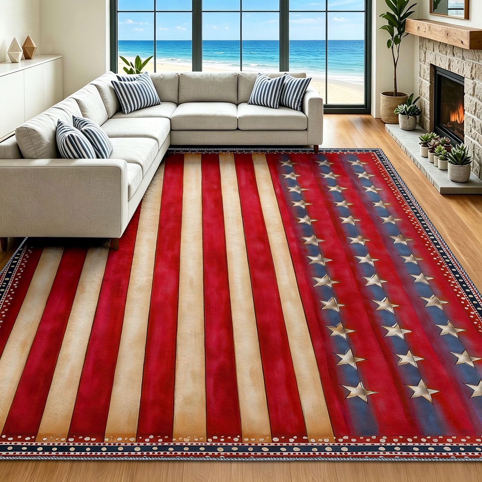 Tapis Drapeau Américain 120 x 170 cm Salon Chambre Tapis Rouge Antidérapant Lavable Doux Poils Courts Rayures Géométrique Paillasson Interieur pour Salle à Manger Cuisine
