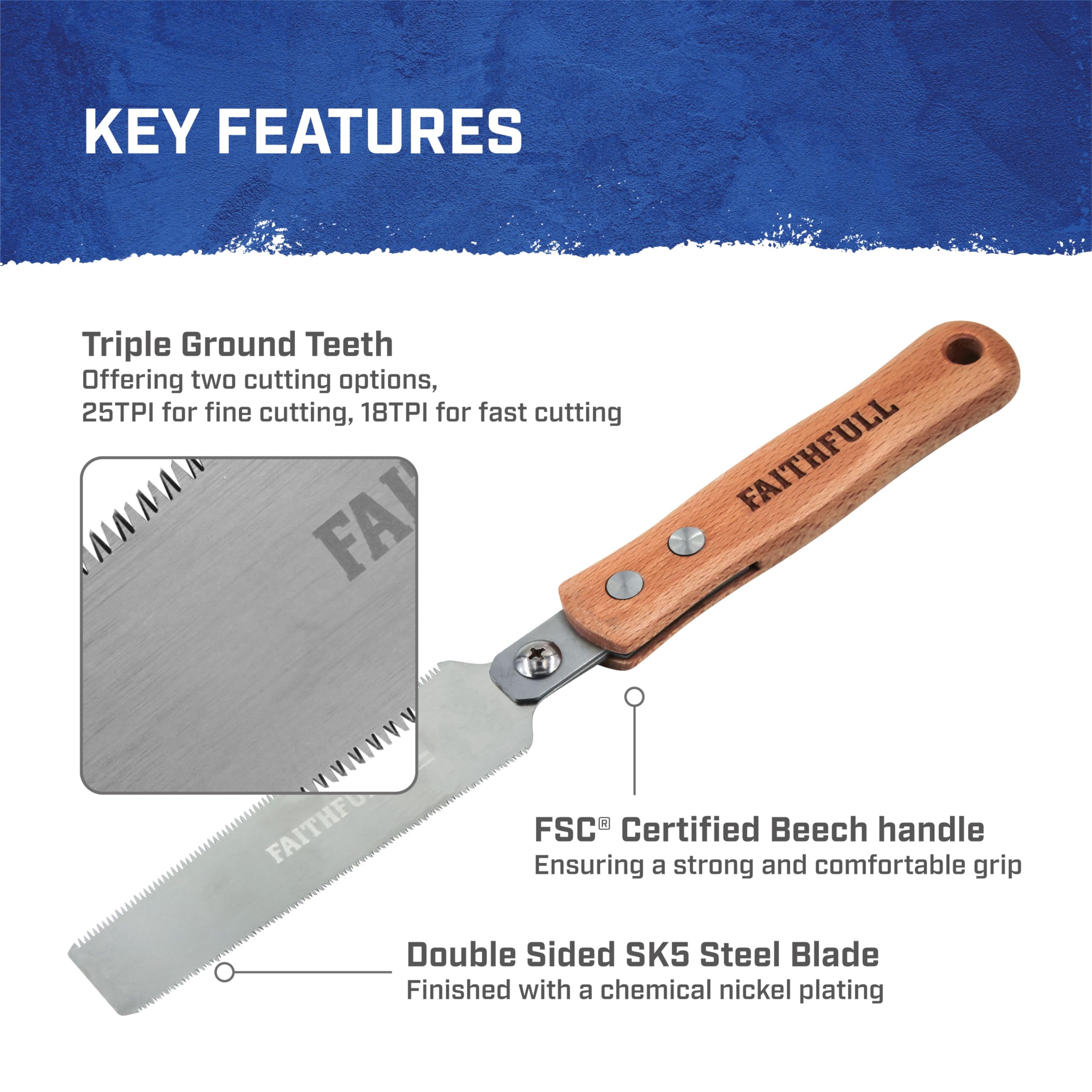 Faithfull Double Sided Pull Saw 125mm (5in), Japanese Style Hand Saw - Image 4