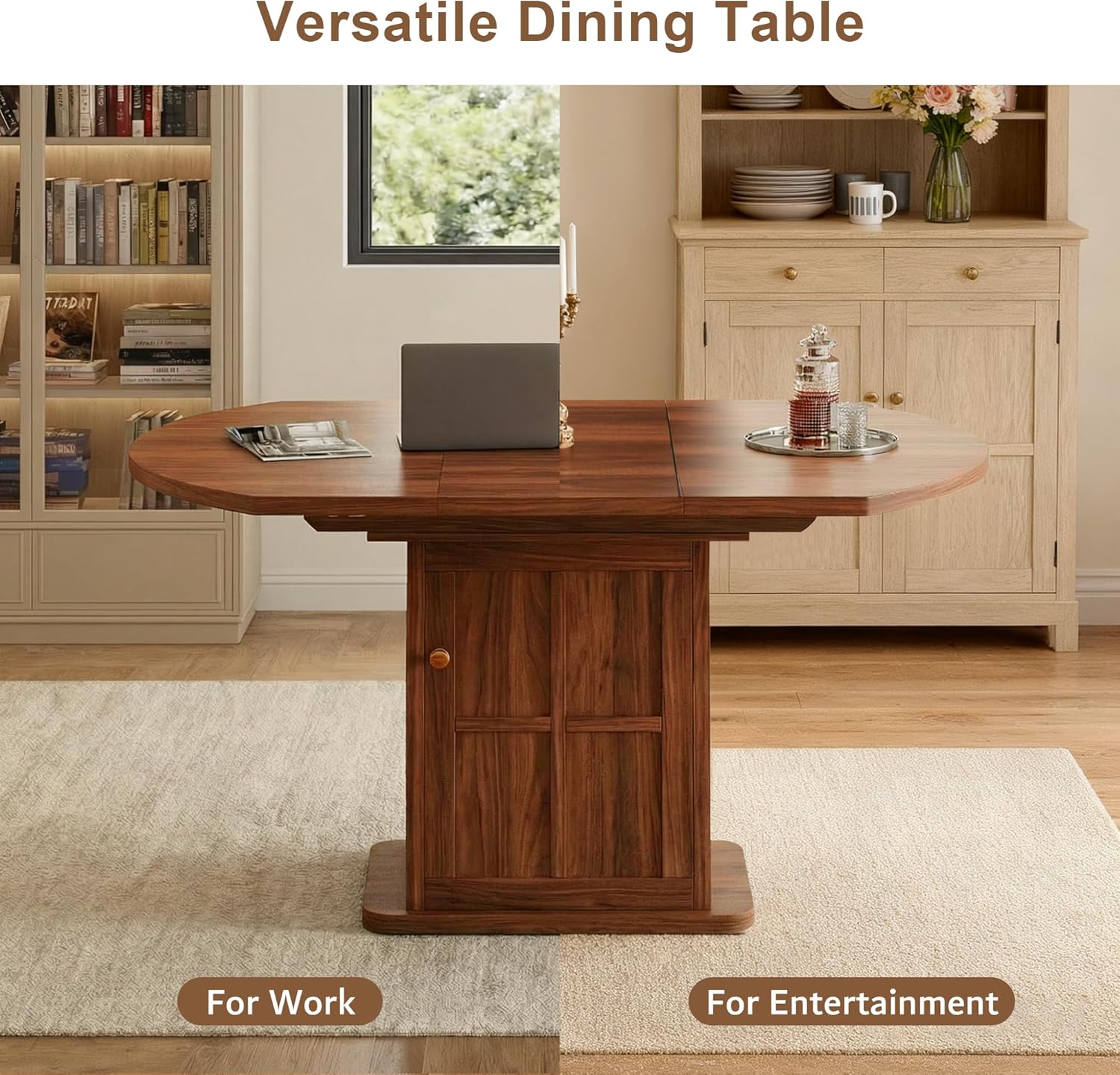 iPormis Round Dining Table for 4-6, 59'' Extendable Dining Room Kitchen Table with 2-Tier Storage Shelf, Wood Dinner Table with Door, Sturdy Pedestal Base, Space Saving, Kitchen, Dining, Walnut