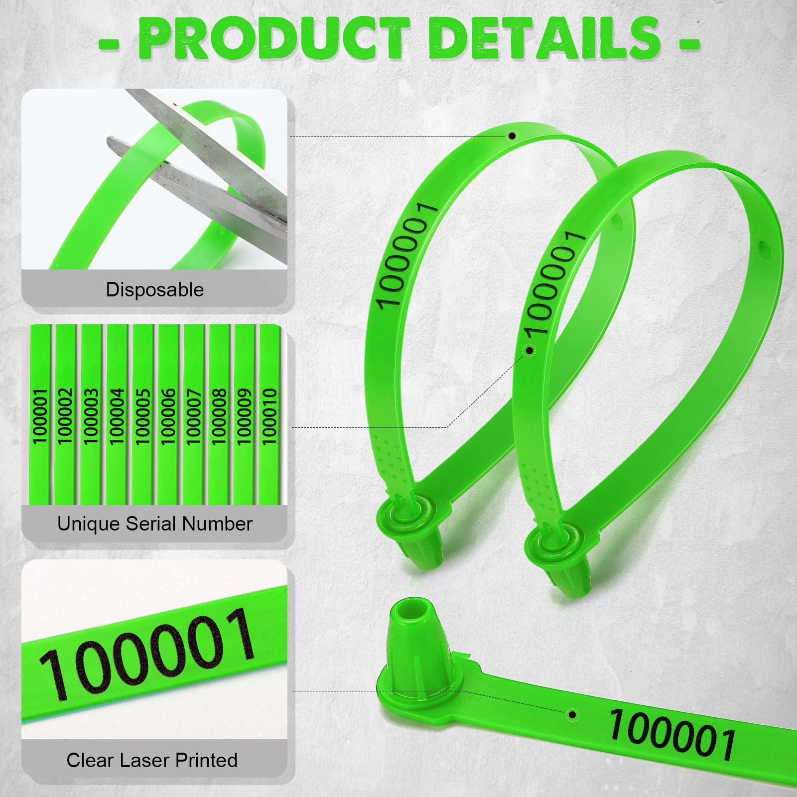 Lot de 1 000 Scellés de Sécurité en Plastique pour Porte de Camion - Étiquettes de Sécurité Numérotées - Verrous Jetables pour Remorque, Logistique, Transport, Expédition (Vert)