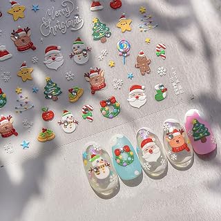 JMEOWIO 3D Embossed Christmas Snowman Cute Nail Art Stickers Decals Self-Adhesive 5D Nail Supplies Nail Art Design Decoration Accessories 1 Sheets