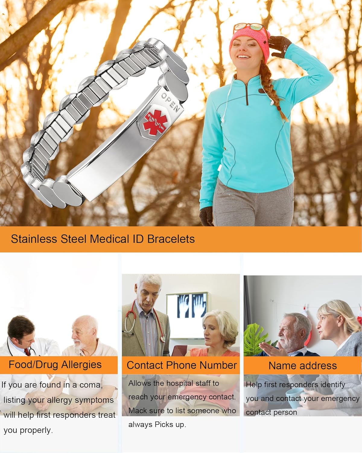 Medical Alert Id Bracelets for Women, 6.88in Stainless Steel Elastic Bracelet for Diabetes Type 1 2, Allergy(Silver) - Image 5