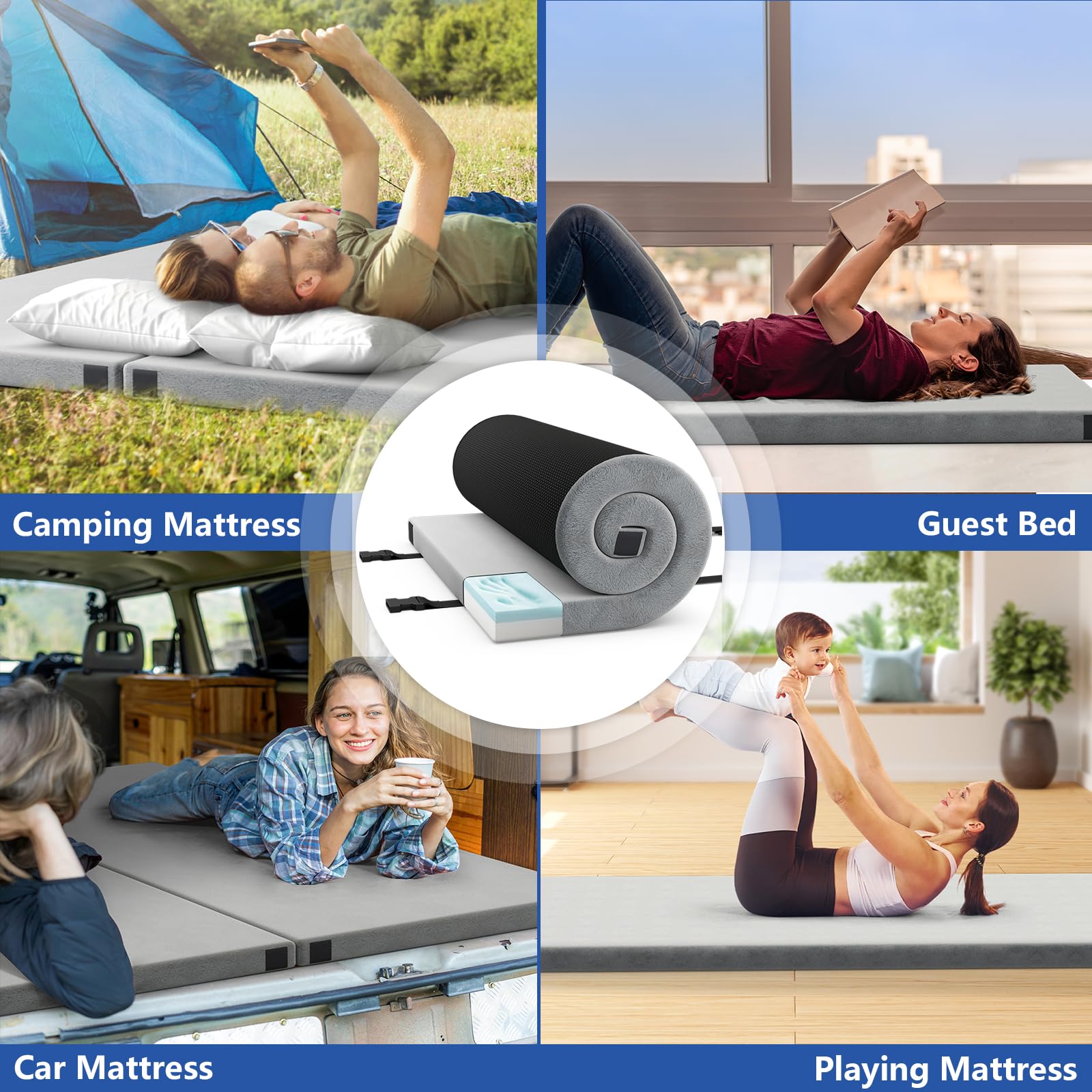SOARS Matelas Pliable 1/2 Personnes, Matelas Camping Portable en Mousse à Mémoire de Forme Douce et Confortable, Surface Imperméable, pour Camping, Voiture, Voyage