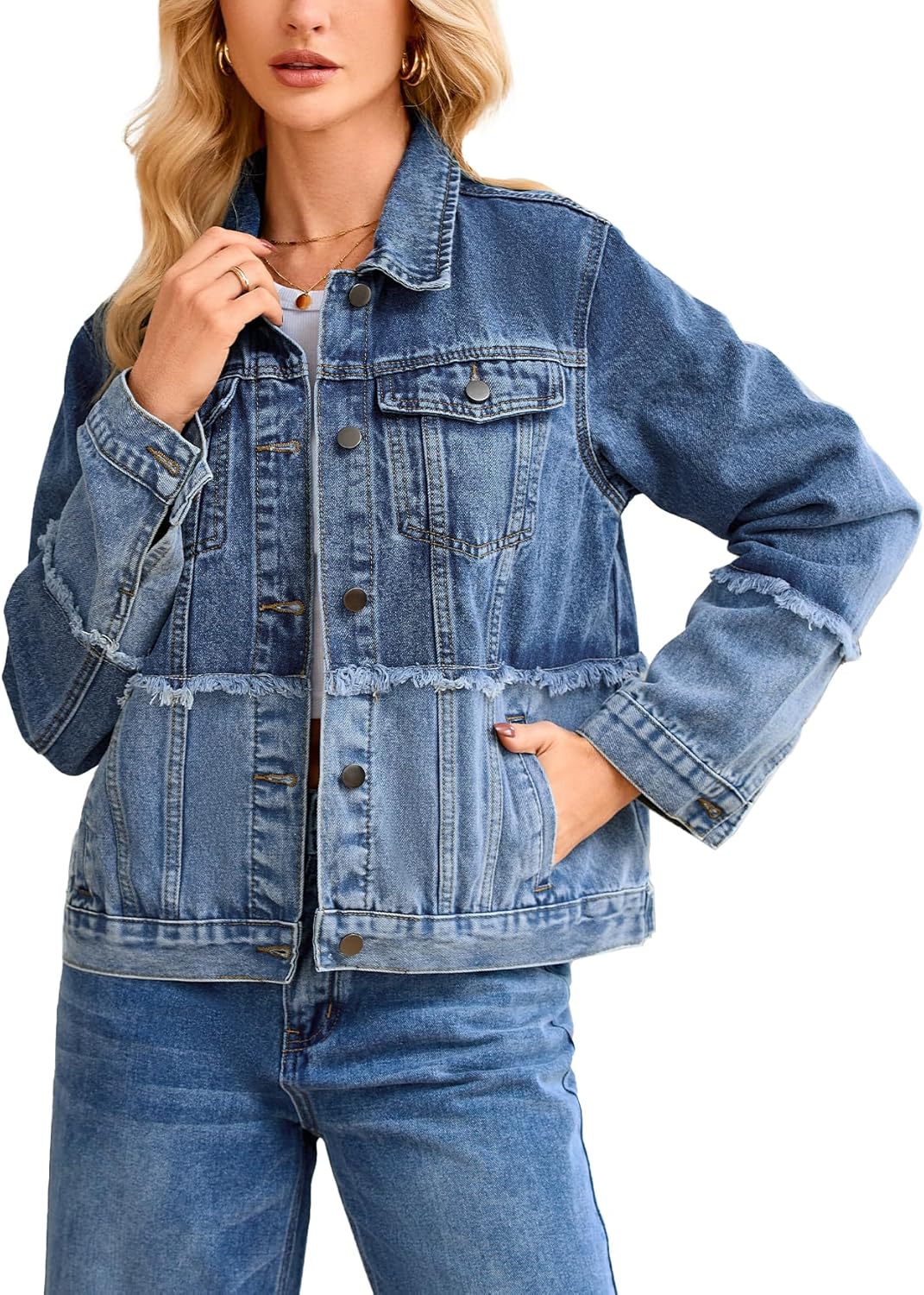 Women's Denim Jacket Button Down Long Sleeve 2 Tone Raw Edge Jean Jackets