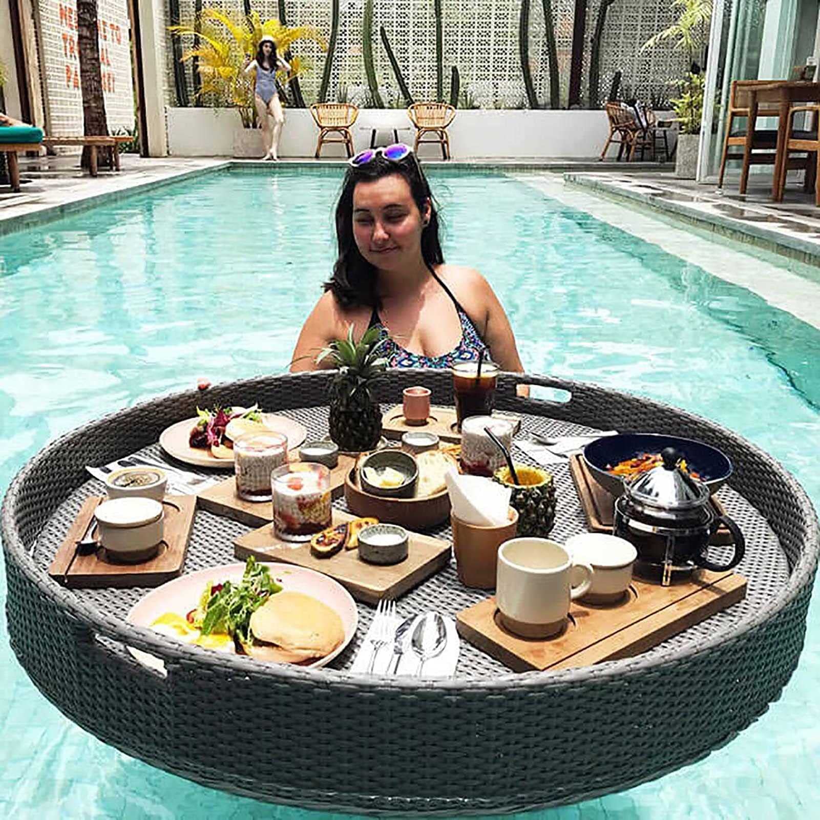 Swimming pool floating bar, Rattan Floating Breakfast Tray Luxury Floating Serving Tray Table and Swimming Pool Floats(Black,80CM)