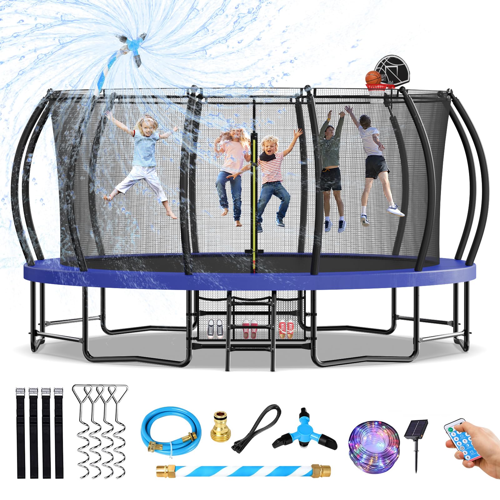 Tatub Upgraded 16FT 15FT 14FT 12FT Outdoor Trampoline for Kids and Adults, Large Backyard Pumpkin Trampoline with Sprinkler, Lights, Basketball Hoop, Net, and Storage Bag - Safe & Fun for 4-8 PL