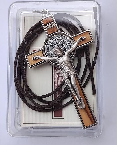 Miniatura 4 de Collar con colgante cristiano de cruz de crucifijo de metal de madera de olivo de San Benito, 3 pulgadas, Metal Madera, No es una piedra preciosa