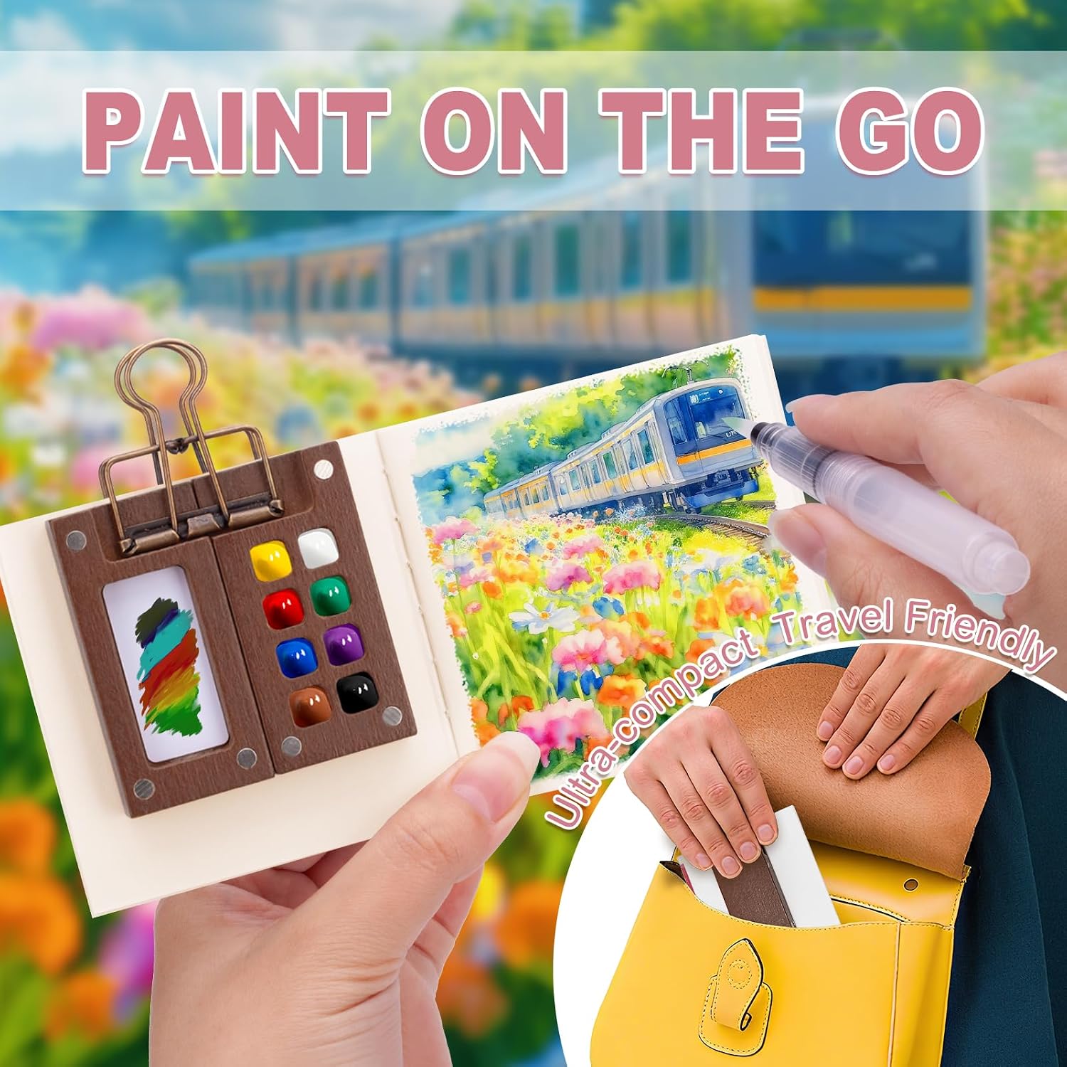 Mini Watercolor Paint Set, Mini Paint Palette Travel Kit, Pocket Artist Watercolor Travel Set Colors, Sketchbook, Brush, Metal Clip, for Beginners, Artists, Enthusiasts (8 Grids, 12 Colors)