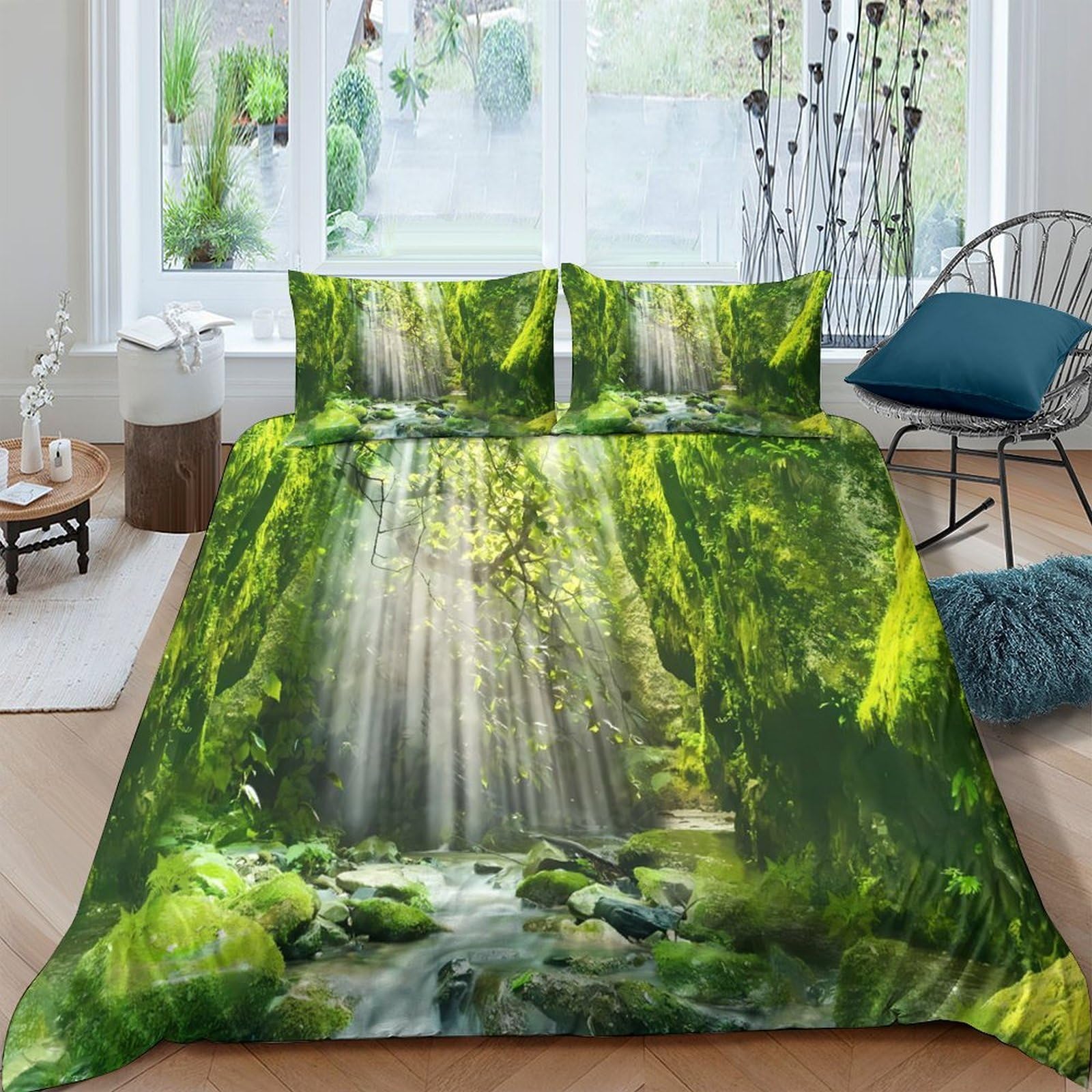 Ctjqhvkz Style-8 3D Printed Forest Sunbeam Fitted Sheet Microfiber Green Nature Stream Bed Cover For Bedroom Guestroom Decor Mattress Protection Single（135X200cm）