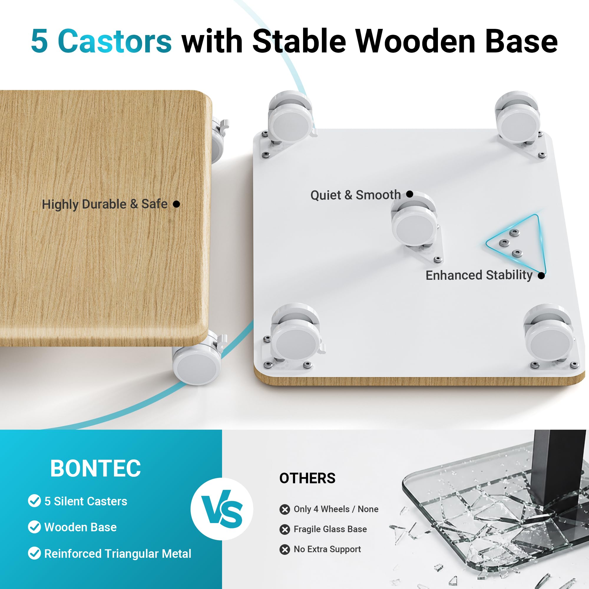 BONTEC Supporto TV da Pavimento con Base in Legno per TV 32-80 Pollici | con 5 ruote, portata 60 kg, VESA 600x400 mm, altezza 1210-1500 mm, girevole e inclinabile, Bianco