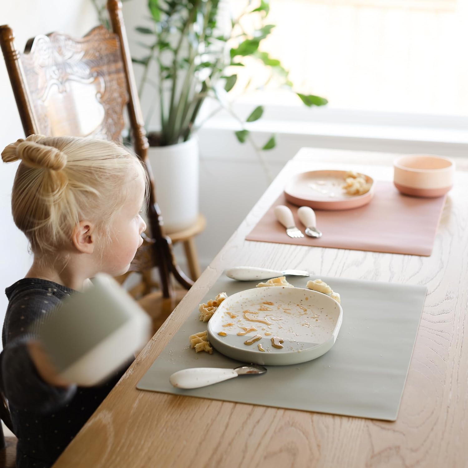 Yeah Baby Goods Silicone Plate for Highchair Trays & Full Set Tables - Duo-Toned, Modern Terrazzo Kids Plates - Dishwasher & Microwave Safe Plates - Non-Suction Baby Dishes (Sage/Brown Speckle)