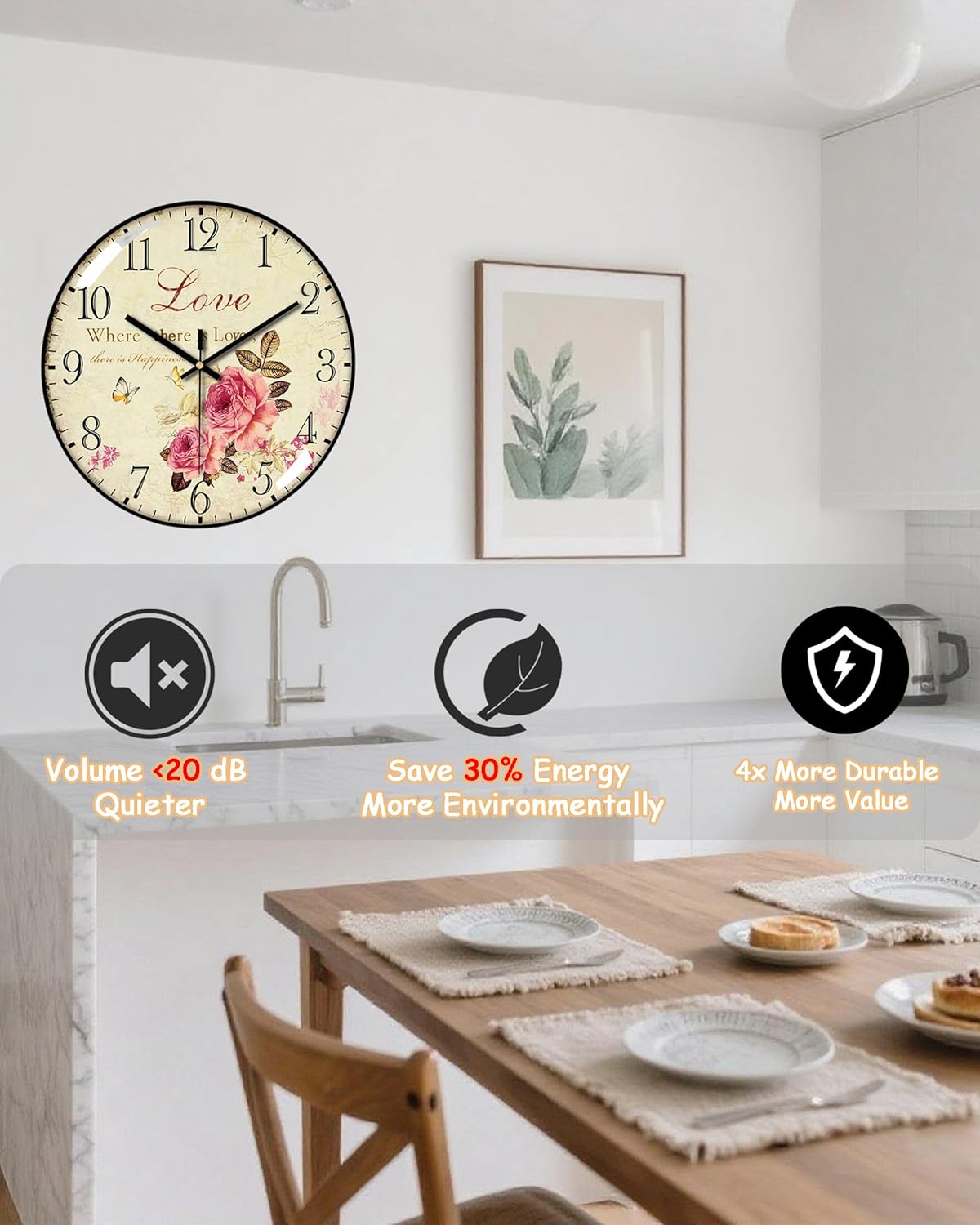 Decorative Wall Clocks Batterys Operated, Retro Wall Clock with Glass Dial, 12-Inch Dial with Roman Numerals, Silent and No Ticking, Suitable for Living Room, Bedroom, Dining Area, Workspace