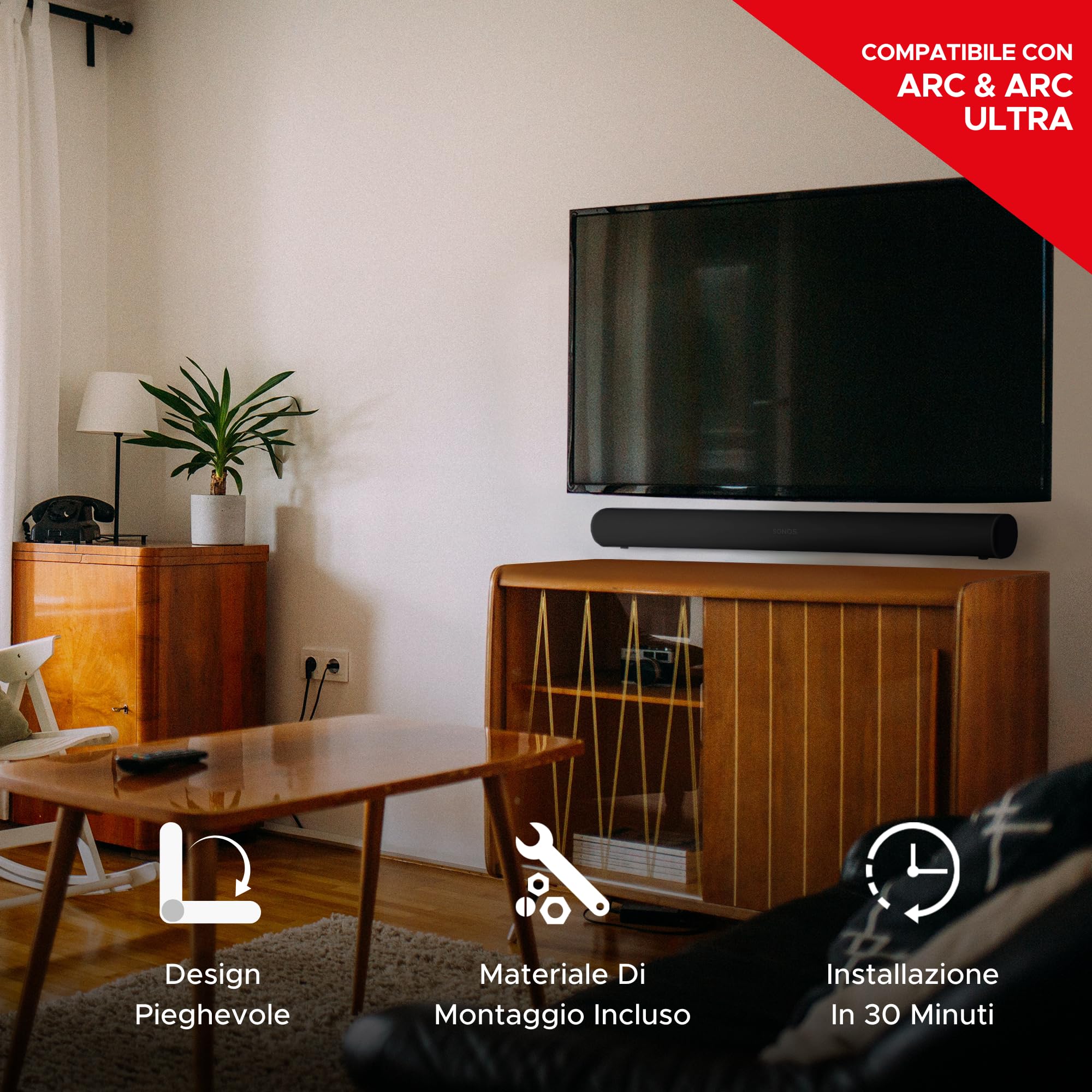 Sound bass Staffa da parete per Arc Soundbar, nera | Compatibile con Sonos Arc e Arc Ultra, profondità regolabile, kit completo, progettato nel Regno Unito