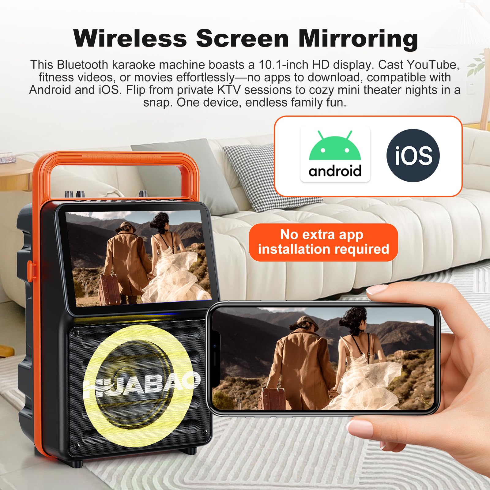 Macchina per karaoke con schermo integrato da 10,1 pollici, altoparlante Bluetooth con visualizzazione dei testi, mirroring dello schermo wireless per iOS e Android, telecomando e luci, 2 microfoni