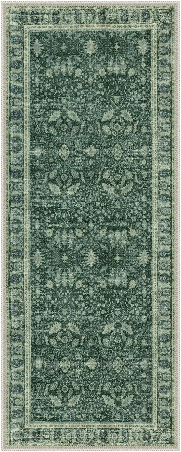 Lahome Vintage 2x5 Green Kitchen Runner Rugs Non Skid Washable, Boho Runner Rug for Hallway with Rubber Backing, Border Printed Carpet Runners for Bathroom Entryway Laundry (2x5ft,Green)