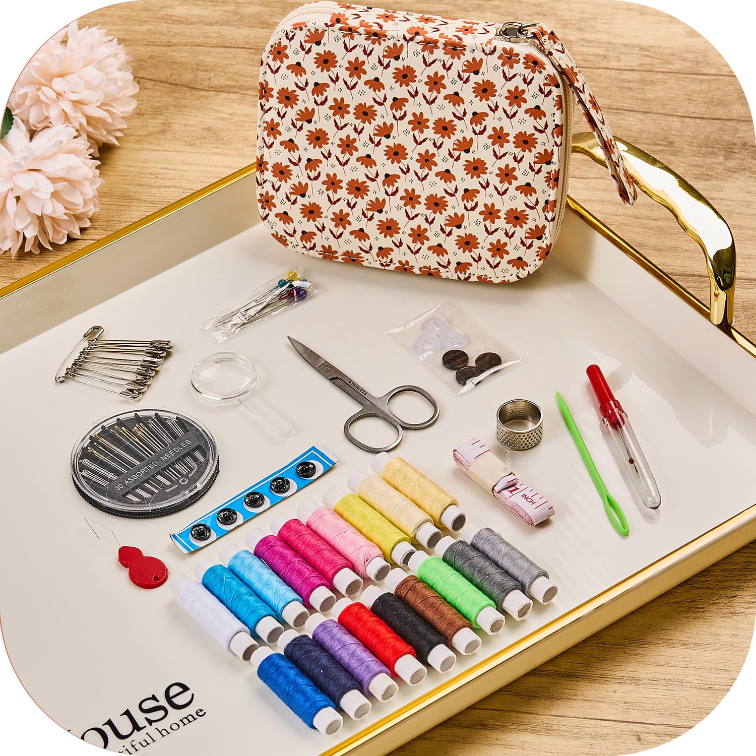 Printed Sewing Set with Maple Leaf,Basic Portable Travel Sewing Kit for Adult,Sewing Supplies for Repairs,Hand Sewing