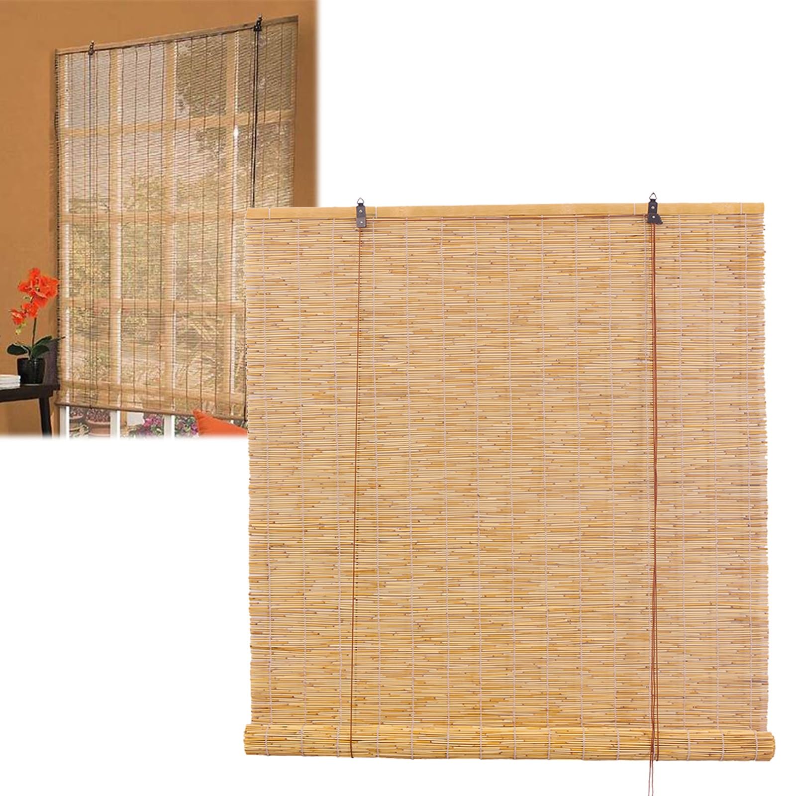 QHDPKU Bamboo Roller Blinds for Window,Light Filtering Bamboo Roll Up Shades Bamboo Blinds for Patio Shades Cordless 18" 25" 27" 31" 39" 45" 60" 64"