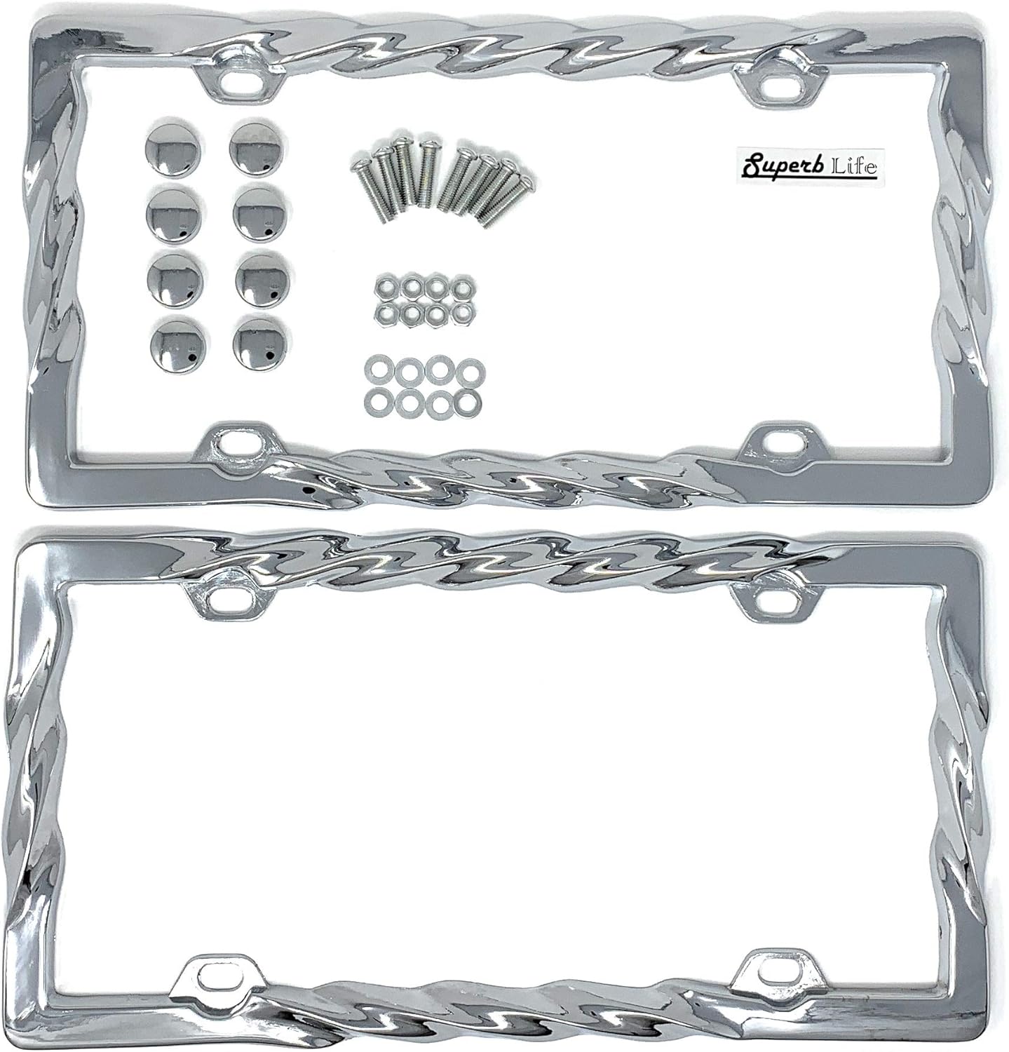 3D カーリーウェーブパターン ナンバープレートフレーム クロームツイスト ネジキャップ付き 2個セット