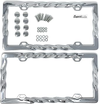 3D Curly Wave Pattern License Plate Frame Chrome Twist with Screws Caps, Set of 2