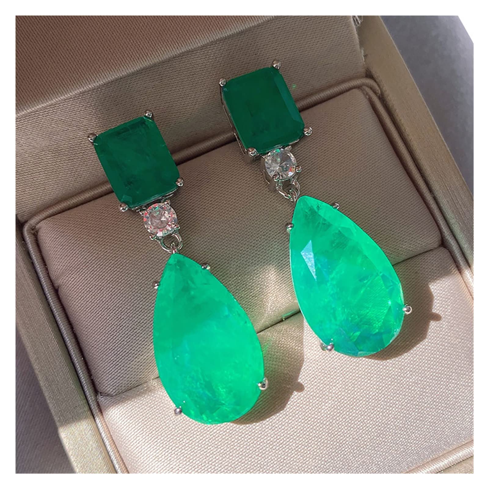 djkyu 925 Sterling Silver Paraiba Tourmaline Emerald Gemstone Big Drop Earrings For Women Cocktail Party Fine Jewelry Giift (Gem Color : Green)