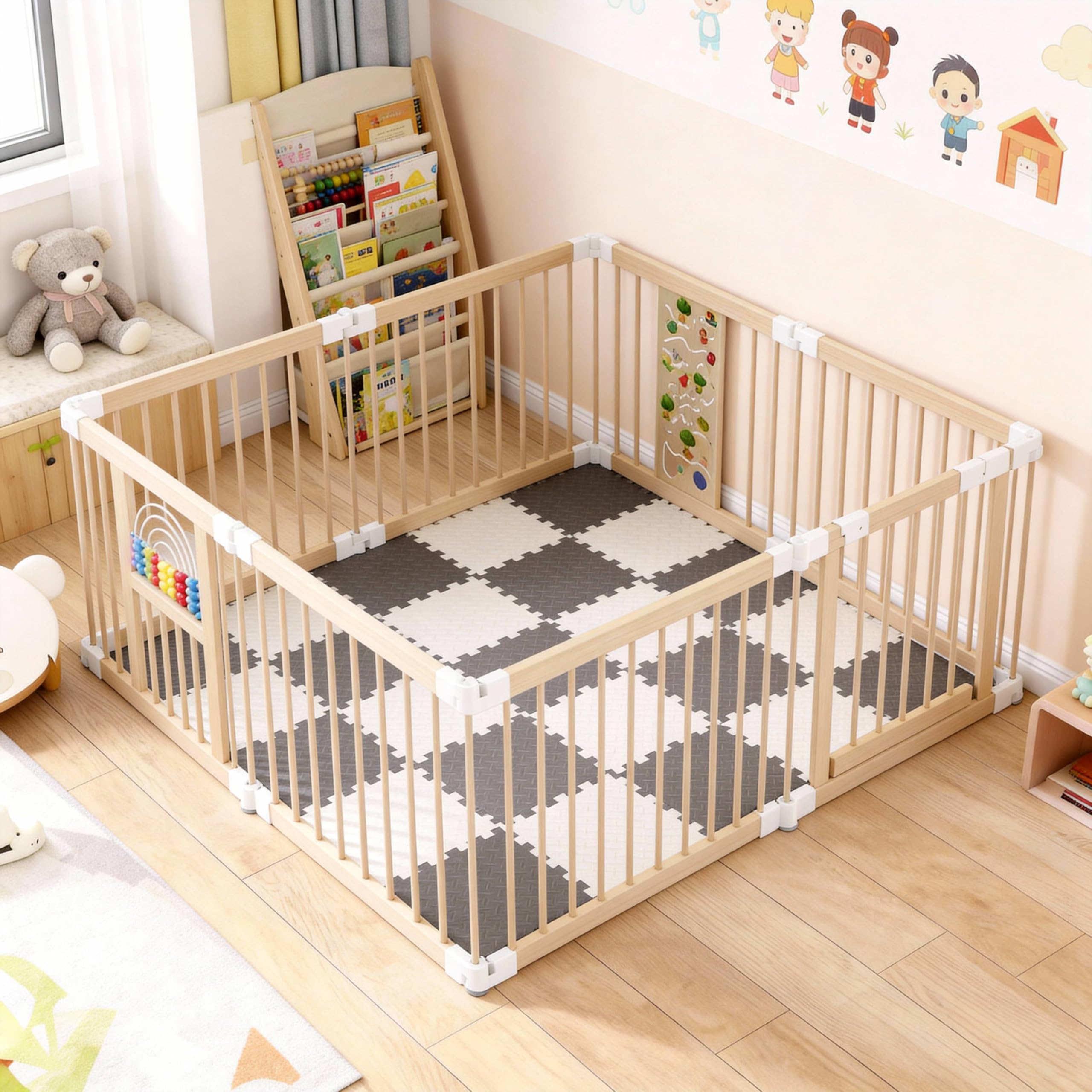 NAIZY Holz Laufstall Baby 8 Elemente Laufgitter & -Ställe mit 2 Spielcenter, Flexibel Aufstellbar Faltbar kinderlaufstall, Laufgitter Baby Playpen For Toddlers,mit Matratze