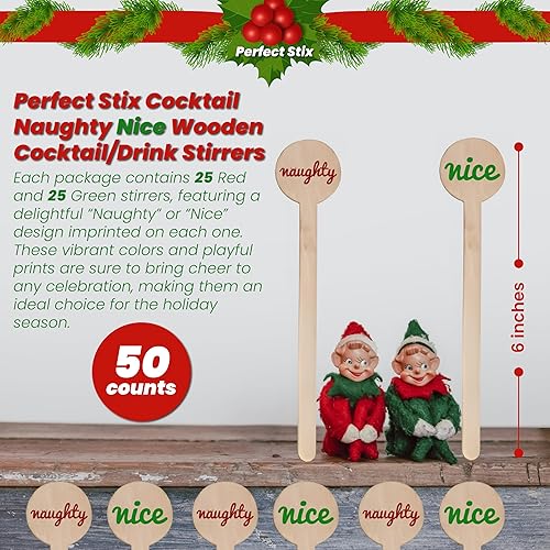 Miniatura 9 de Perfect Stix Servilletas rojas y verdes para fiesta de cóctel de Navidad y agitadores estampados de cócteles agradables y traviesos. 50CT de