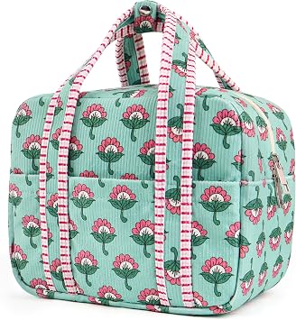 Aesthetic Corduroy Insulated Lunch Bag for Women, Floral Block Print Lunch Box with Pocket, Spacious Boho Reusable Cooler Tote for Work, School, Nurse Gift & Picnic, Leakproof Pink Green