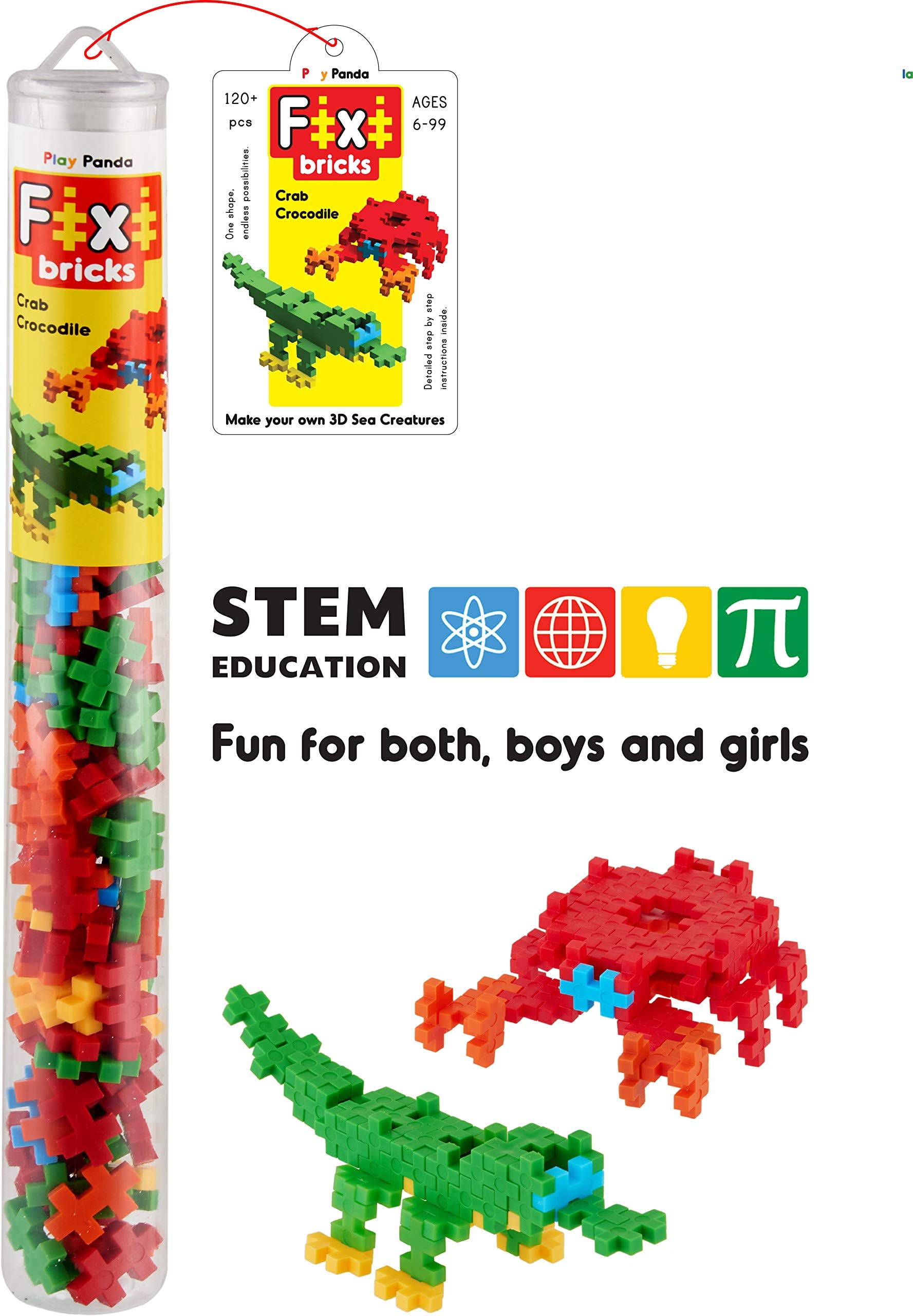 Play Panda Fixi Bricks Aqua Tube 3 - Crocodile and Crab - with 120 pcs, Detailed Assembly Instructions and Storage Tube - Small Parts (Age 6-99 yrs)