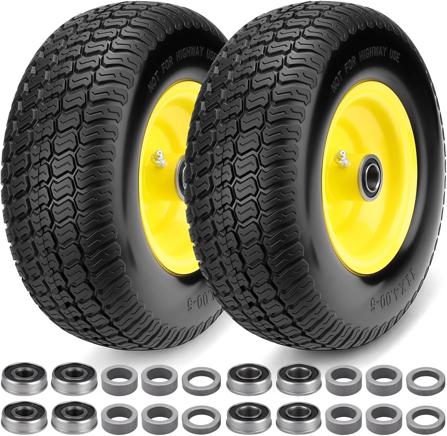 2 PCS 11x4.00-5 Flat Free Lawn Mower Tires, Zero Turn Lawn Mower Replacement Tires,11x4-5 Solid Tires and Wheel with Rims,3.4"-3.84"-4.72"-5.6" Centered Hub and 3/4" & 5/8" & 1/2" Precision Bearings