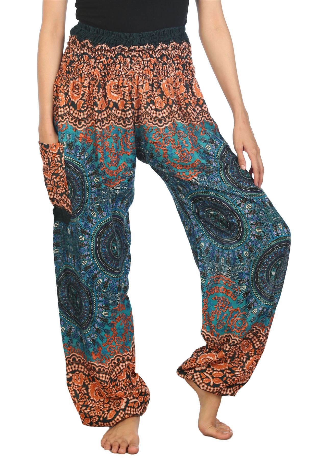 Lofbaz Harem Pants for Women Hippie Boho Festival Clothing - Bohemian Trousers for Yoga Beach Summer - Smocked Waist with Pockets - Rose 2 Teal Green 3XL Plus