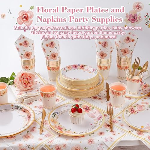 Miniatura 2 de 353 platos de papel floral y servilletas para fiestas, sirve 50 decoraciones florales, incluye platos, vasos, servilletas, cubiertos, pancarta,