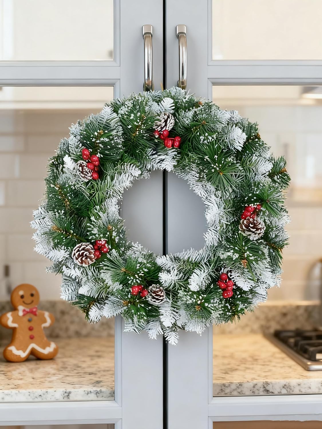 BEMMY Guirlanda de Natal 45CM, Guirlanda Artificial Decorativa para Pendurar Na Porta da Frente com Agulhas de Pinheiro
