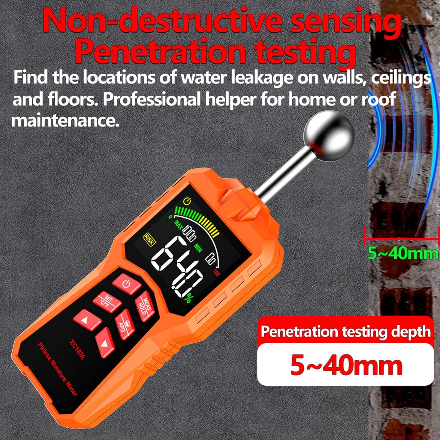 Pinless Meter, Spherical Humidity Detector with LED Flashlight and Audible Alert, for Wood Drywall Concrete Floor Wall Cabinet Inspection