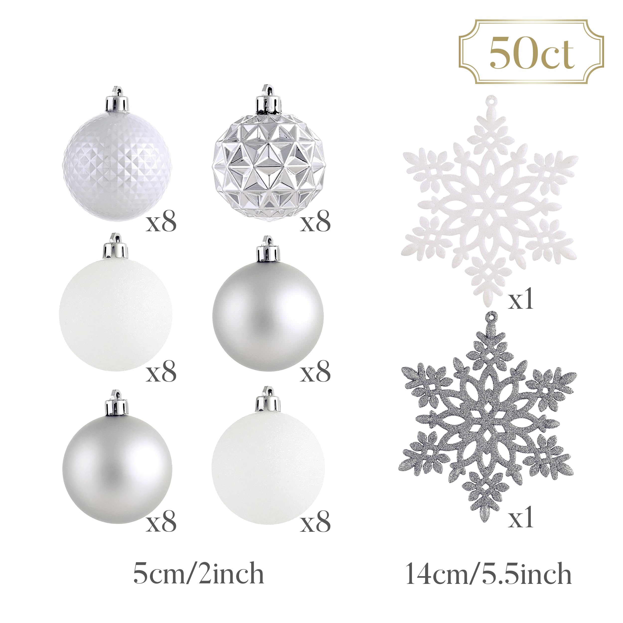 Valery Madelyn Lot de 50 boules de Noël incassables à suspendre pour sapin de Noël et Halloween, 5,1 cm, blanc et argenté