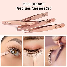 Tomata Tweezers for Eyebrows, Slant Tip and Pointed Eyebrow Tweezer Set Great Precision for Eyebrows Facial Hair, Ingrown Hair, Splinter, Blackhead and Tick Remover (4-piece) (Gold)