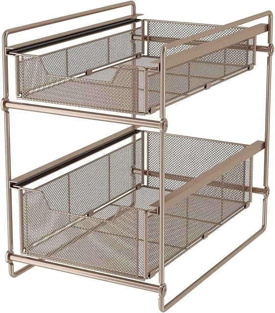 LIFOND Under Sink Storage 2-Tier Sliding Drawers Basket Storage Organizer, Mesh Storage Organizer With Pull Out Drawers For Kitchen And Bathroom/Cabinet Drawers Under Sink Rack Shelf, Champagne