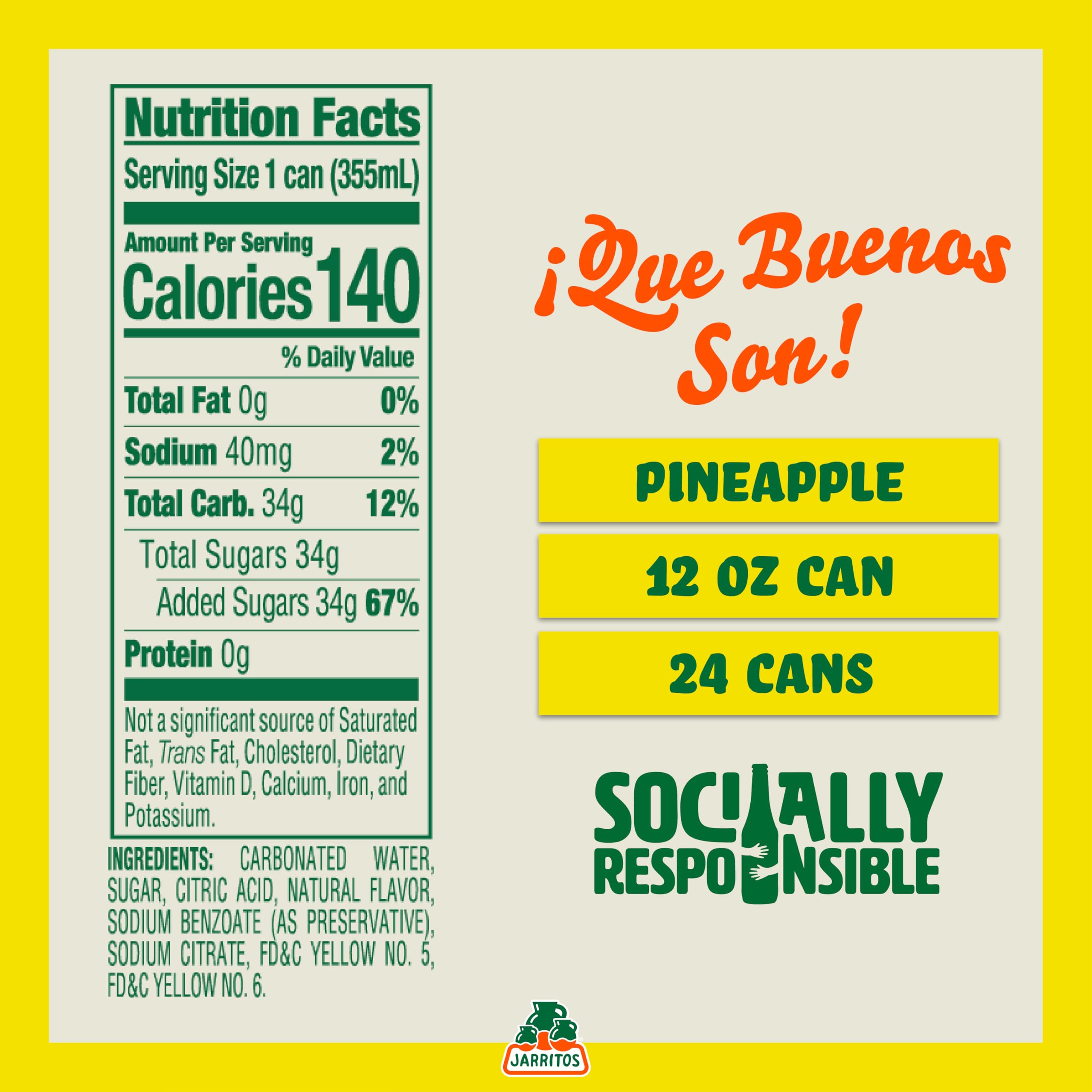 Jarritos - Mexican Soda Soft Drinks, Pineapple (12 oz, 355ml) 24 Cans (3 Boxes of 8) - Real Cane Sugar - 0g Fat - Made in Mexico - Natural Flavor Soda Pop - Party & BBQ Beverages