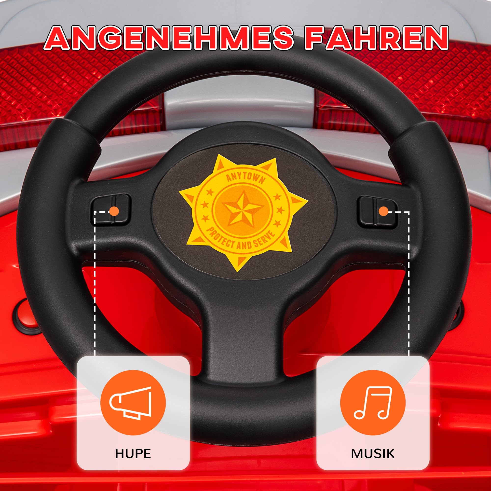 AIYAPLAY Kinder Elektroauto 12V Kinderauto Elektrisch für 3-5 Jahre Rot | Hupe, Musik, Sirene, Warnlampe, Elektrofahrzeug mit Scheinwerfer, Sanftanlauf, Kinder Feuerwehrauto, 3 km/h