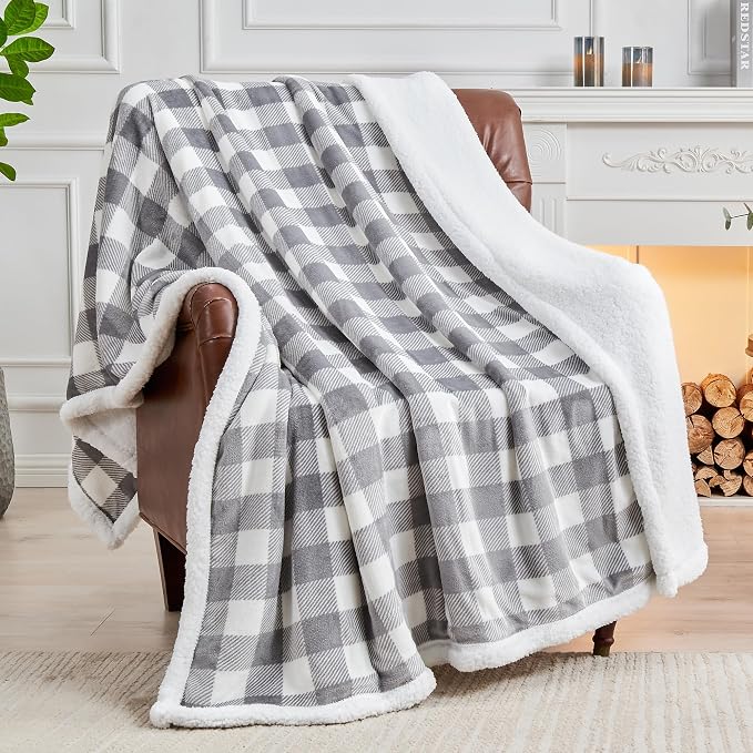 Sherpa Fleece Blanket - Grey and White Plaid Throw Blanket