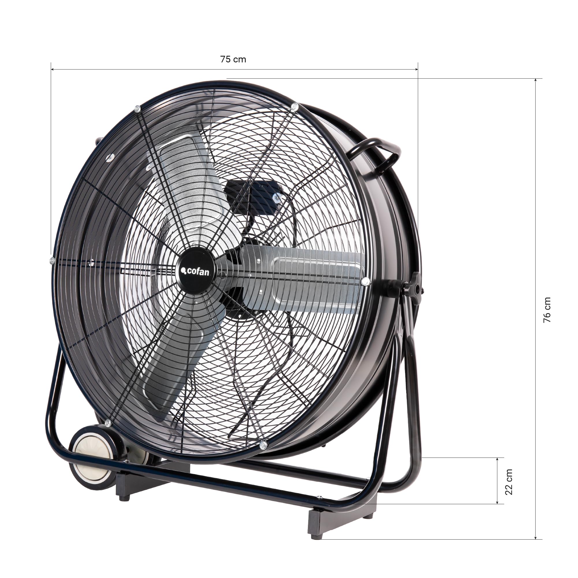 Cofan Ventilateur de sol industriel 3 vitesses, puissance 250 W, angle réglable, couleur noir, ventilateur avec roulettes et poignée, dimensions : 75 x 26 x 76 cm