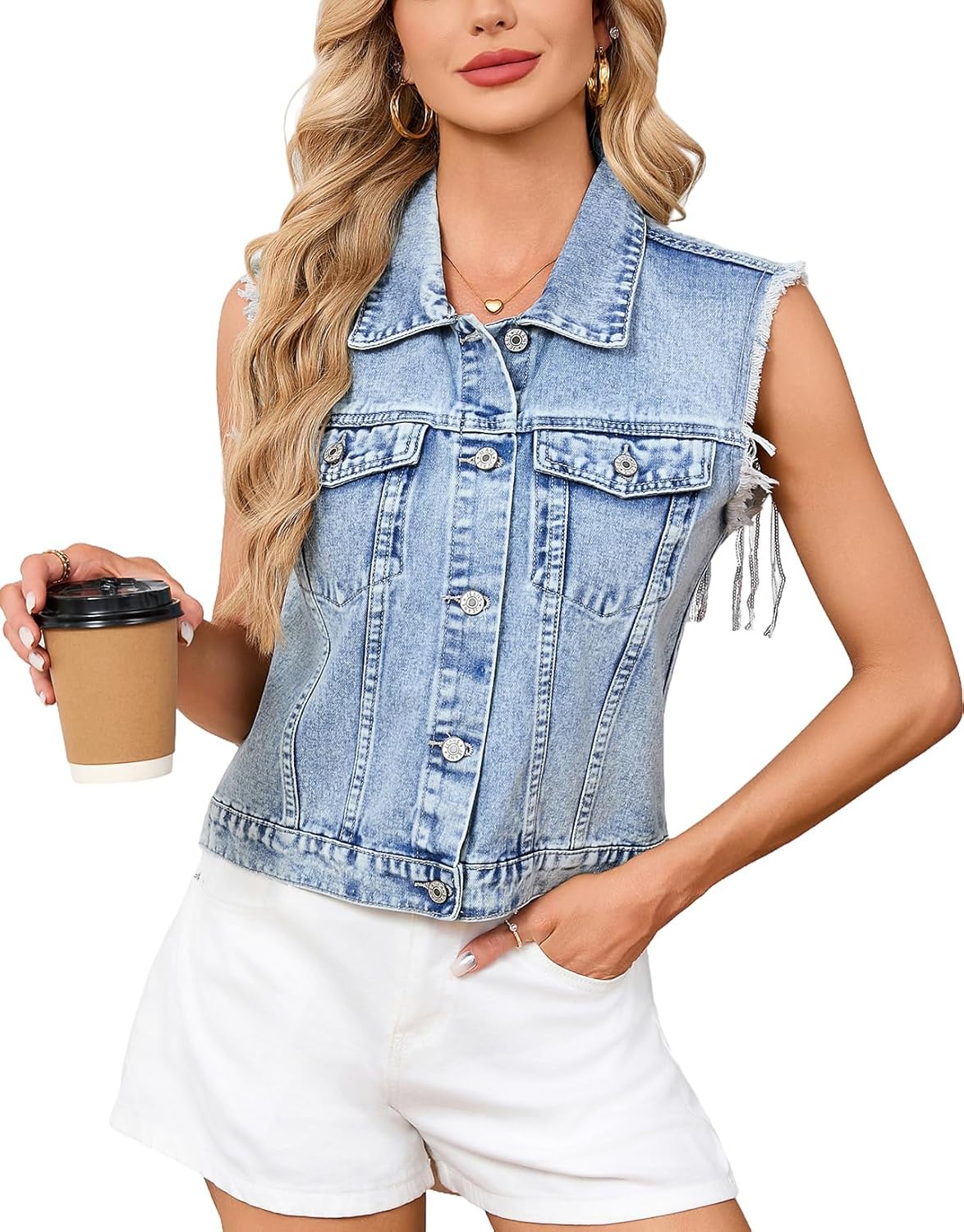 Womens Frayed Denim Vest Top Button Down Pearls Beading Sequin Fringe Jean Vest Western Sleeveless Waistcoat - Image 3