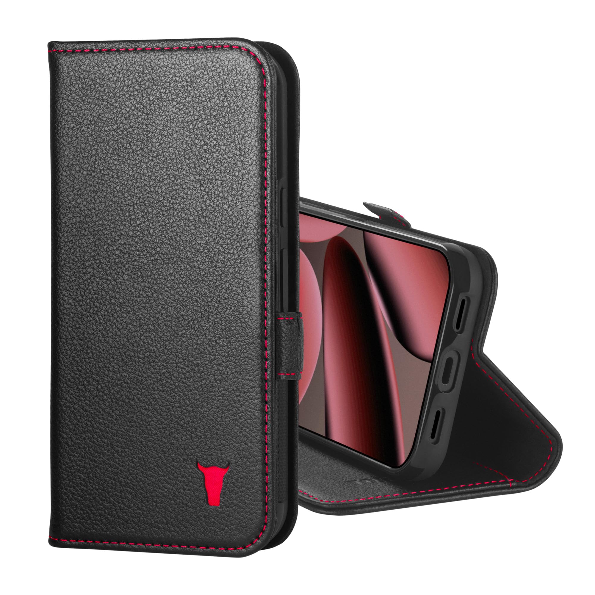 TORRO Skórzane Etui Kompatybilne z Google Pixel 11 Pro 6.3” 2026 – Premium Skórzane Etui Portfelowe z Podpórką i Przegródkami na Karty (Czarny z Czerwonymi Detalami)