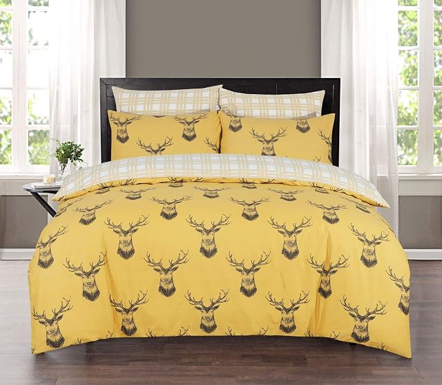 Indus Textiles 100% Pure Cotton Reversible Patterned Duvet Cover Sets (Stag Mustard, Double)