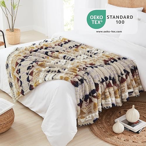 Miniatura 3 de CASAAGUSTO Manta sherpa bohemia, color verde azulado, tamaño individual, ultra suave, cálida, acogedora, de felpa, manta de forro polar grueso para