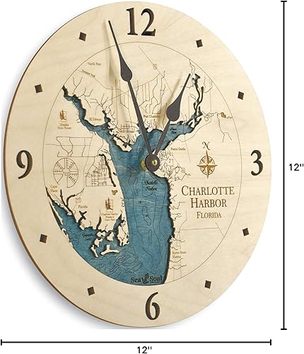 Sea & Soul Charlotte Harbor - Reloj de pared de 12 pulgadas, hecho a mano en los Estados Unidos, reloj topográfico de mapa de agua, reloj de pared