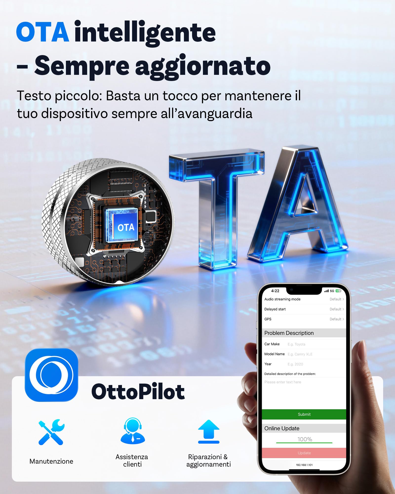 OTTOCAST Mini Tube 2026, Adattatore Wireless CarPlay & Android Auto, Connessione in 5-8s, USB-A/Type-C, Aggiornamento OTA, iOS 10+/Android 11+, Compatibile Auto dal 2016 (No BMW/Tesla)