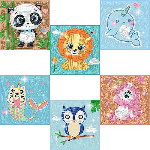 DIYGEMDOT Paquete de 6 kits de arte de diamantes para niños, lindos juegos de pintura de diamantes de animales para niñas y niños, pintura de gemas