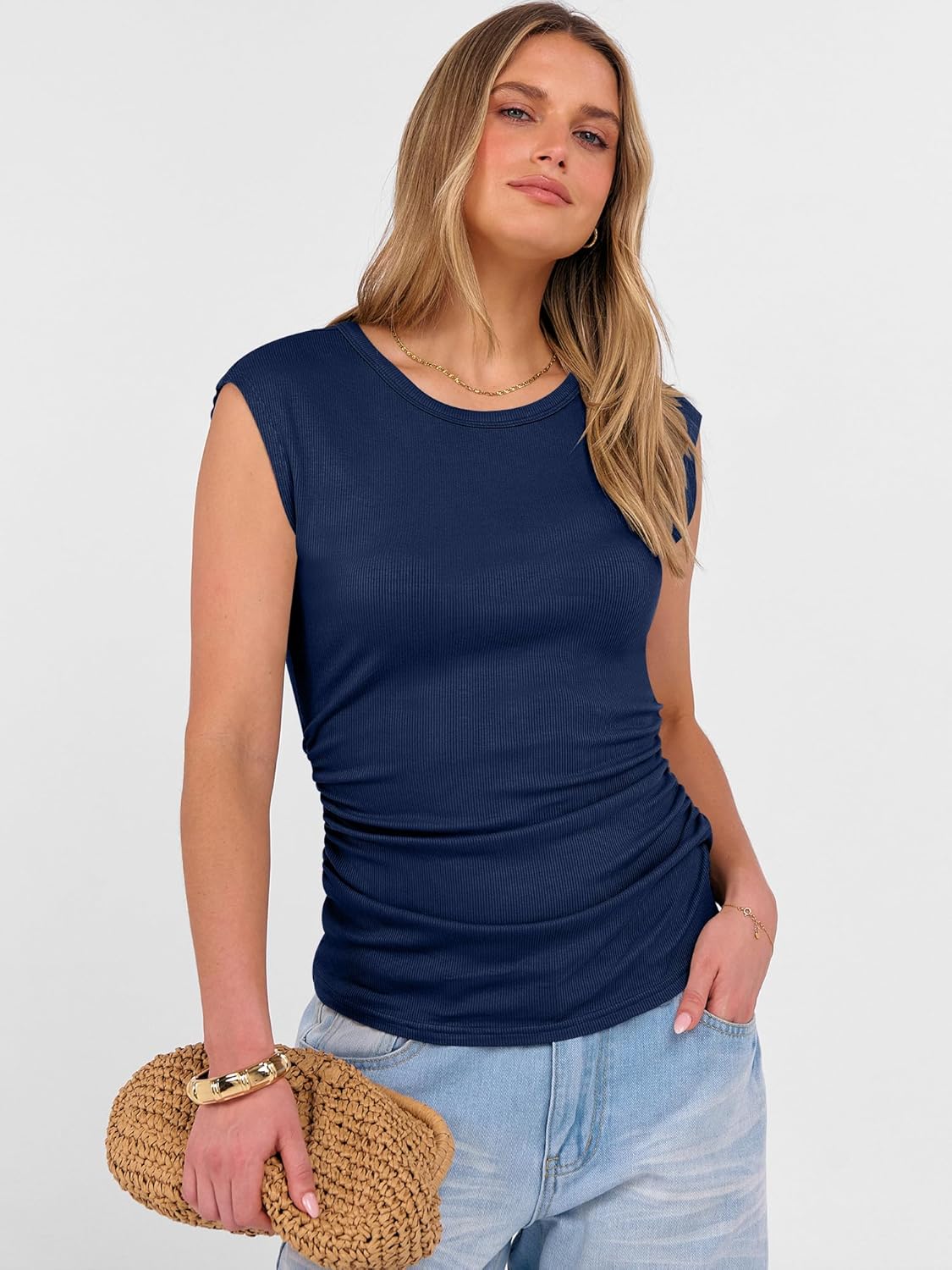 ANRABESS Womens Tops Cap Sleeve Crewneck Shirts Casual Ribbed Knit Slim Fit Ruched Summer Basic Tee Tank 2026 Trendy Clothes - Image 7